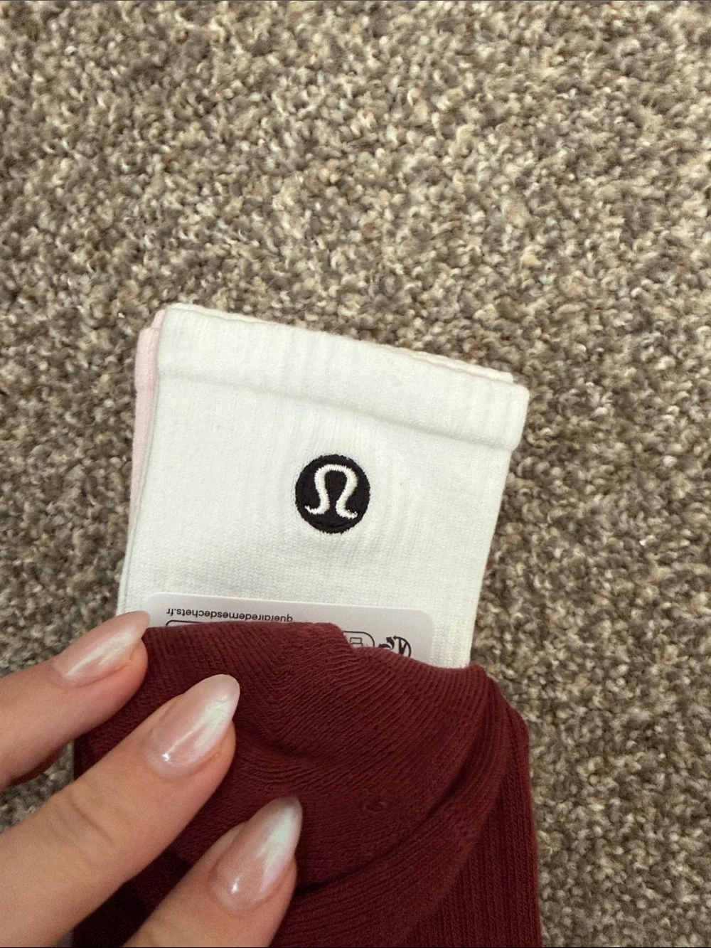 Lululemon 3 Pack Large Crew Length Sock Trio - Burgundy, White & Light Pink